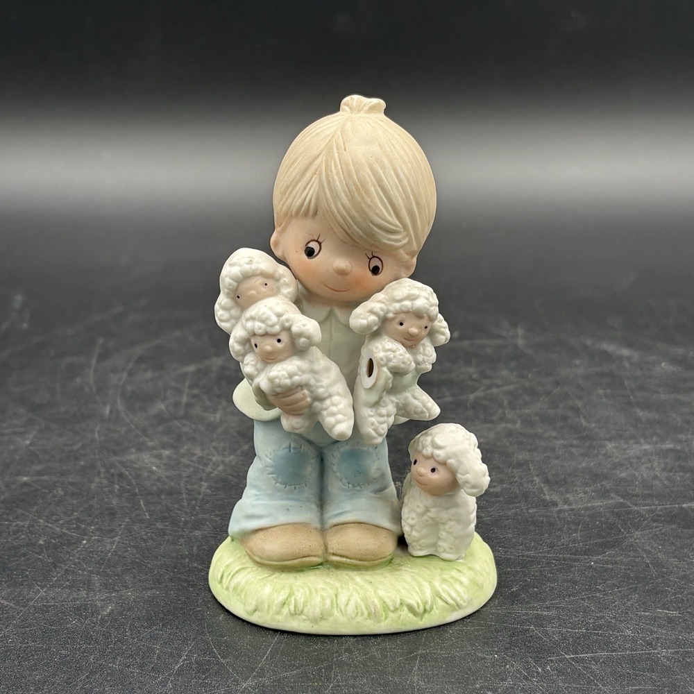 Precious Moments Boy with Lambs Sheep Figurine HOMCO 1444 VINTAGE Taiwan 4.5 "